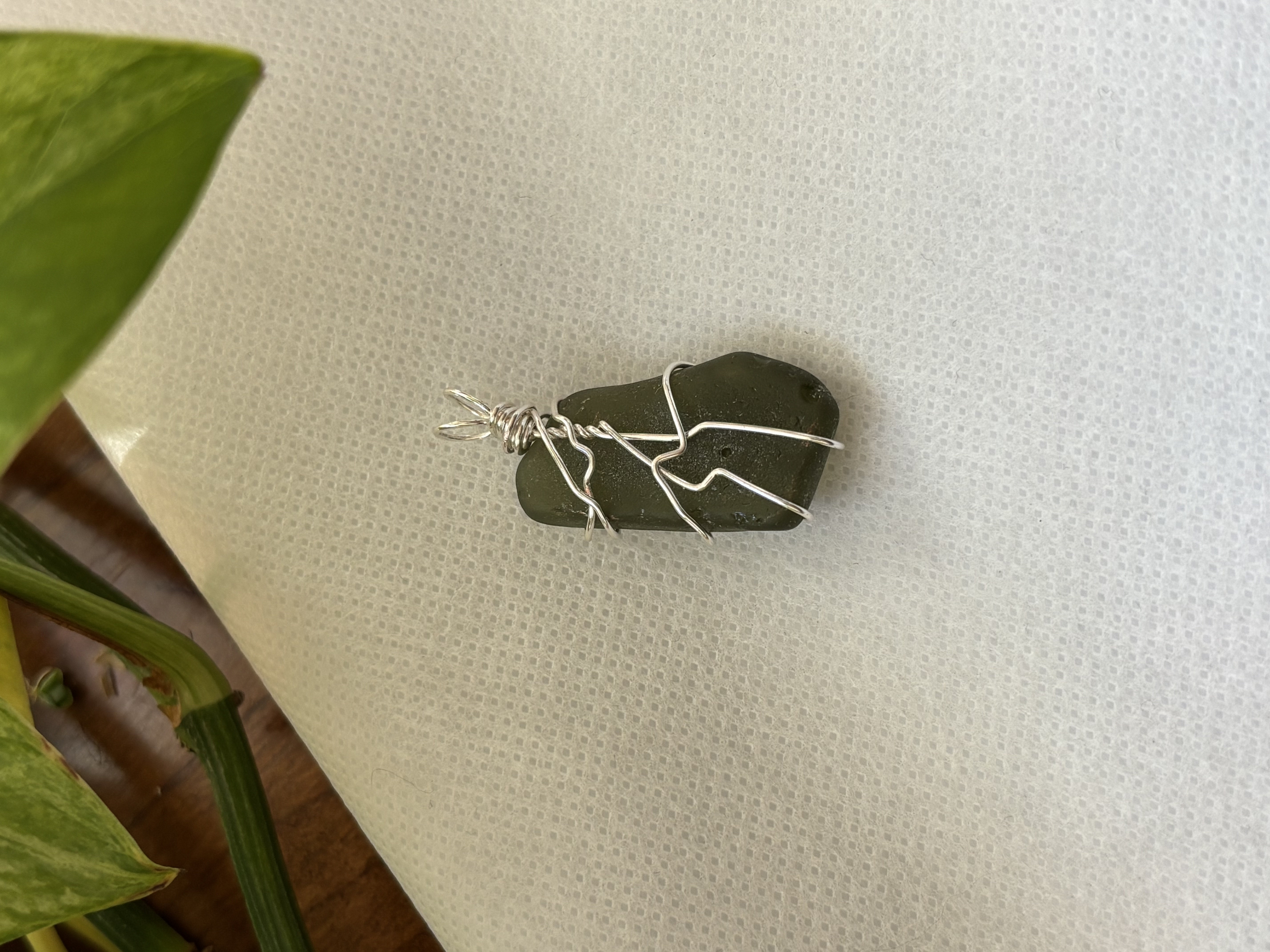 Sterling Silver Wire-Wrapped Genuine Dark Green Sea Glass Necklace