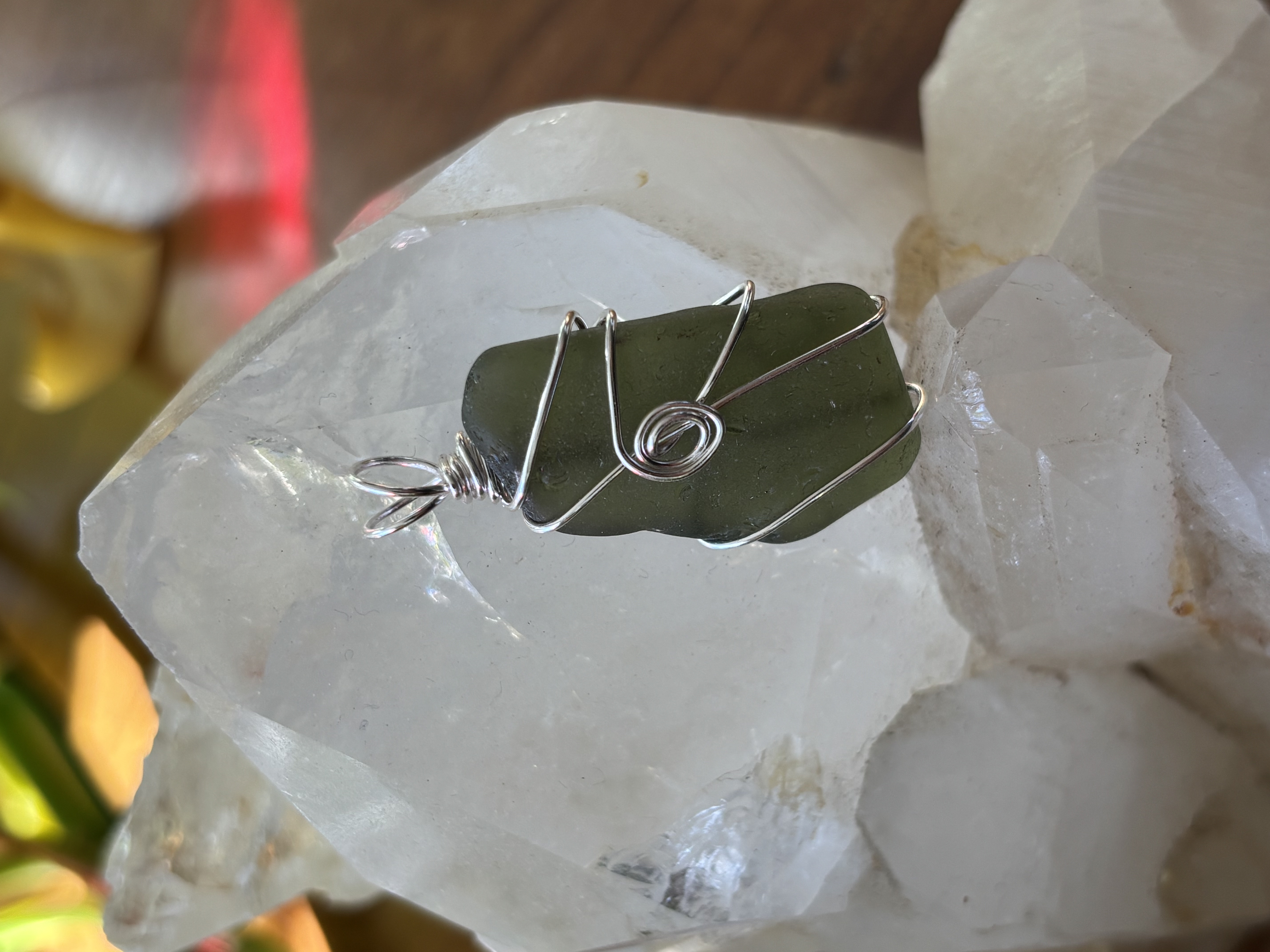 Sterling Silver Wire-Wrapped Genuine Dark Green Sea Glass Necklace