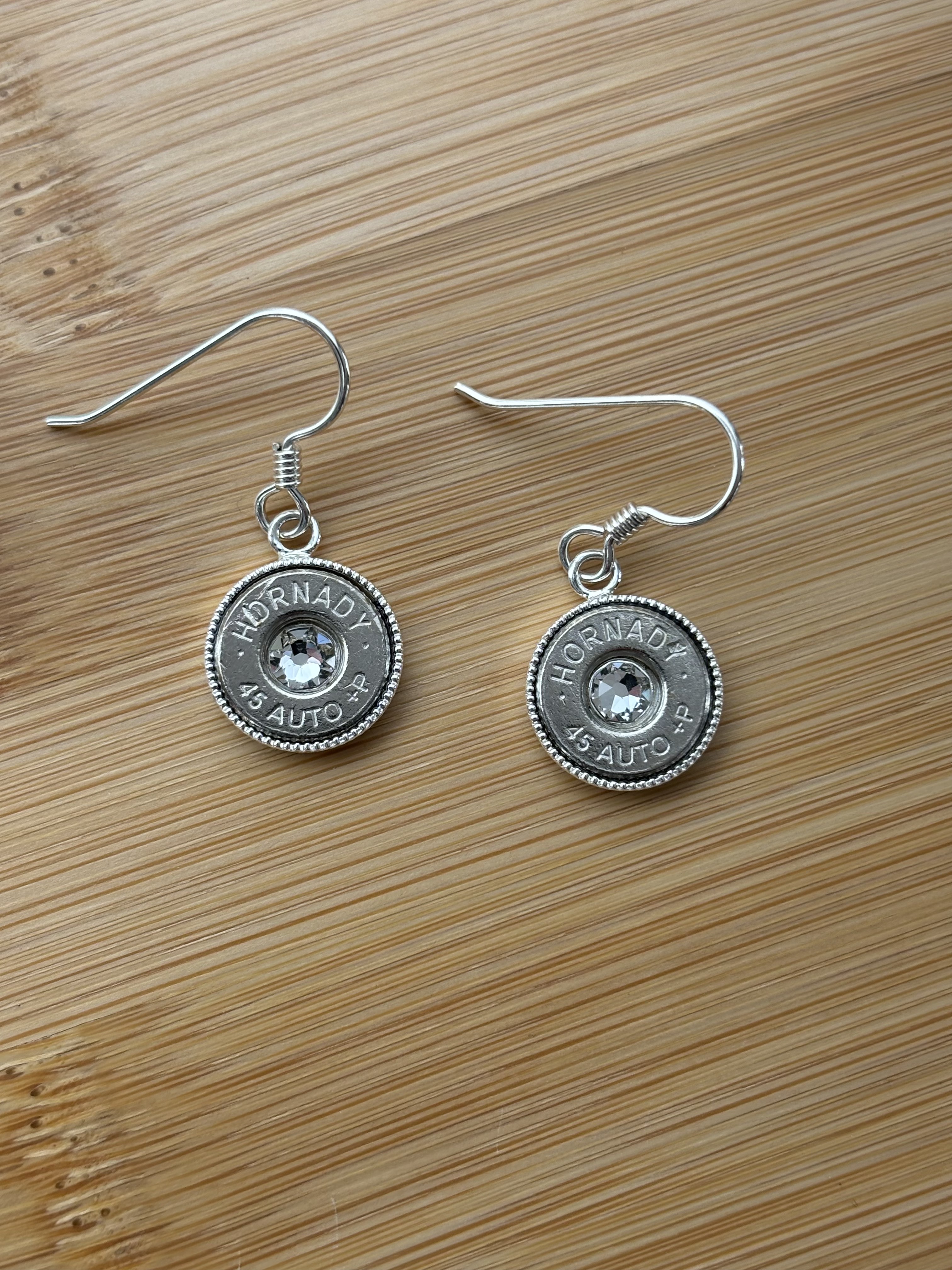 45-Caliber Nickel Bullet and Swarovski Crystal Earrings