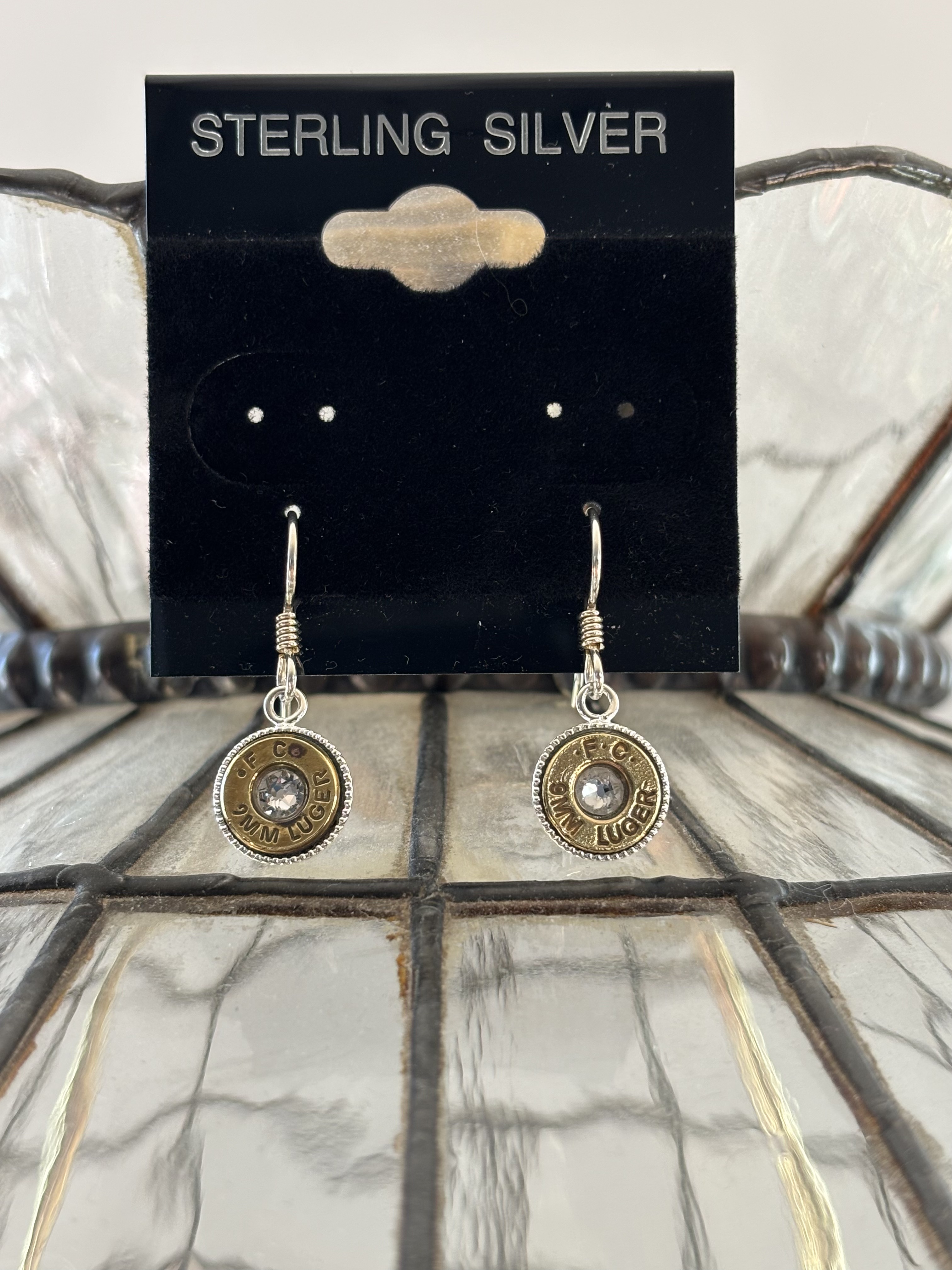 9mm Brass Bullet and Swarovski Crystal Earrings