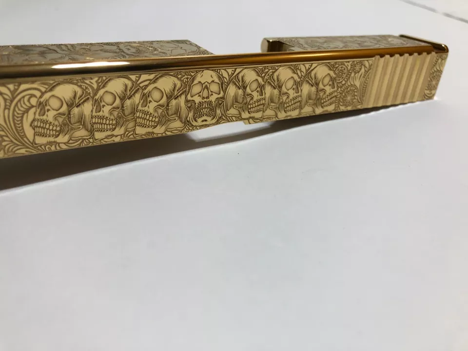 Custom DEEP Laser engraved 24k gold plated glock 19 Slide Gen3g19 skulls themed