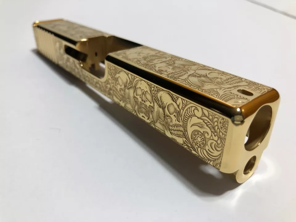 Custom DEEP Laser engraved 24k gold plated glock 19 Slide Gen3g19 skulls themed