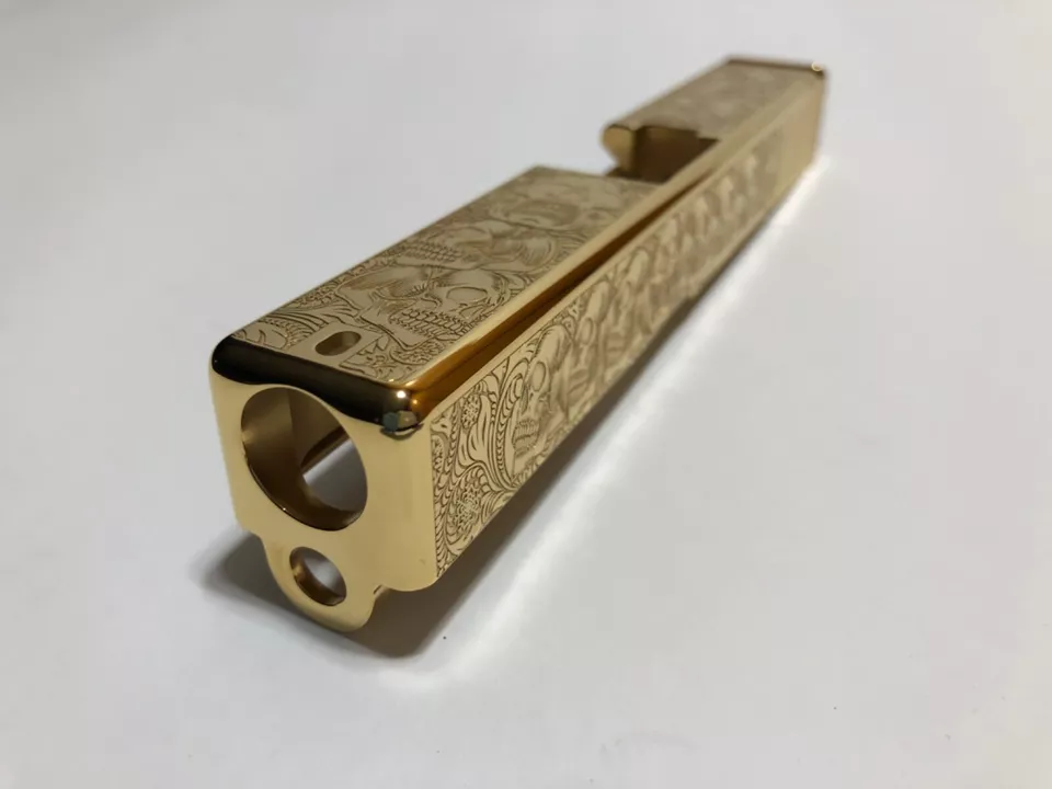 Custom DEEP Laser engraved 24k gold plated glock 19 Slide Gen3g19 skulls themed