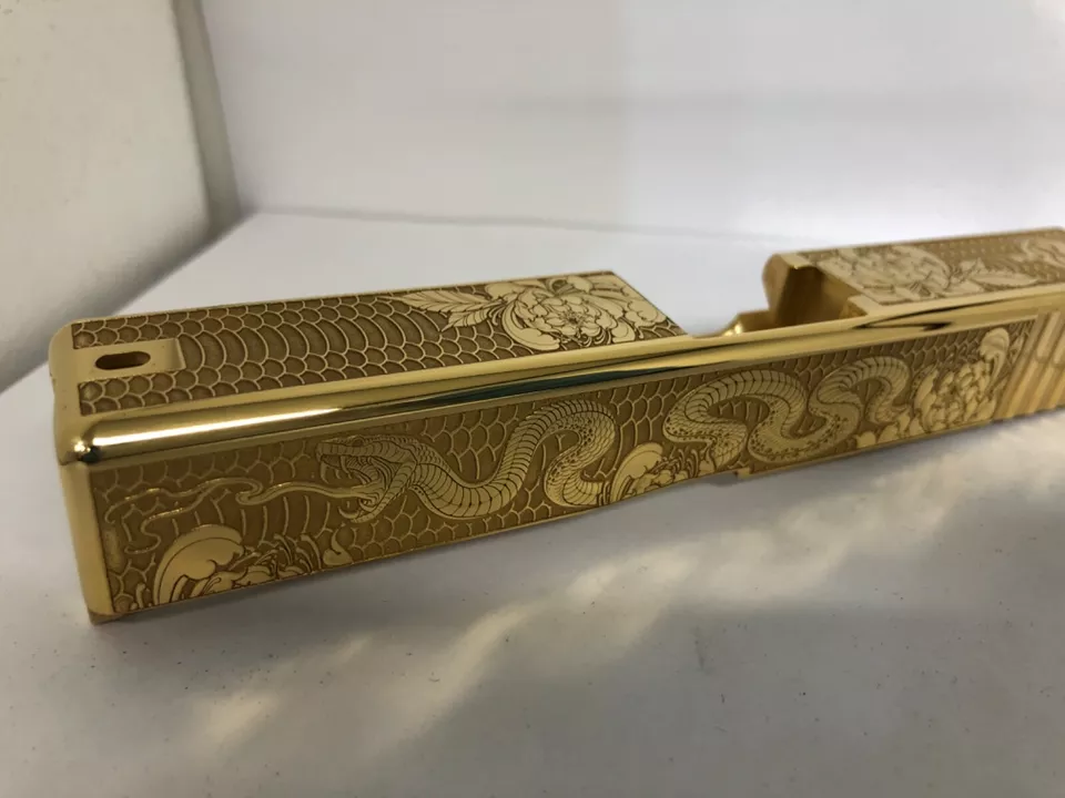 DEEP Laser engraved mirror polished 24k GOLD Glock19 Slide Gen3 Snake themed