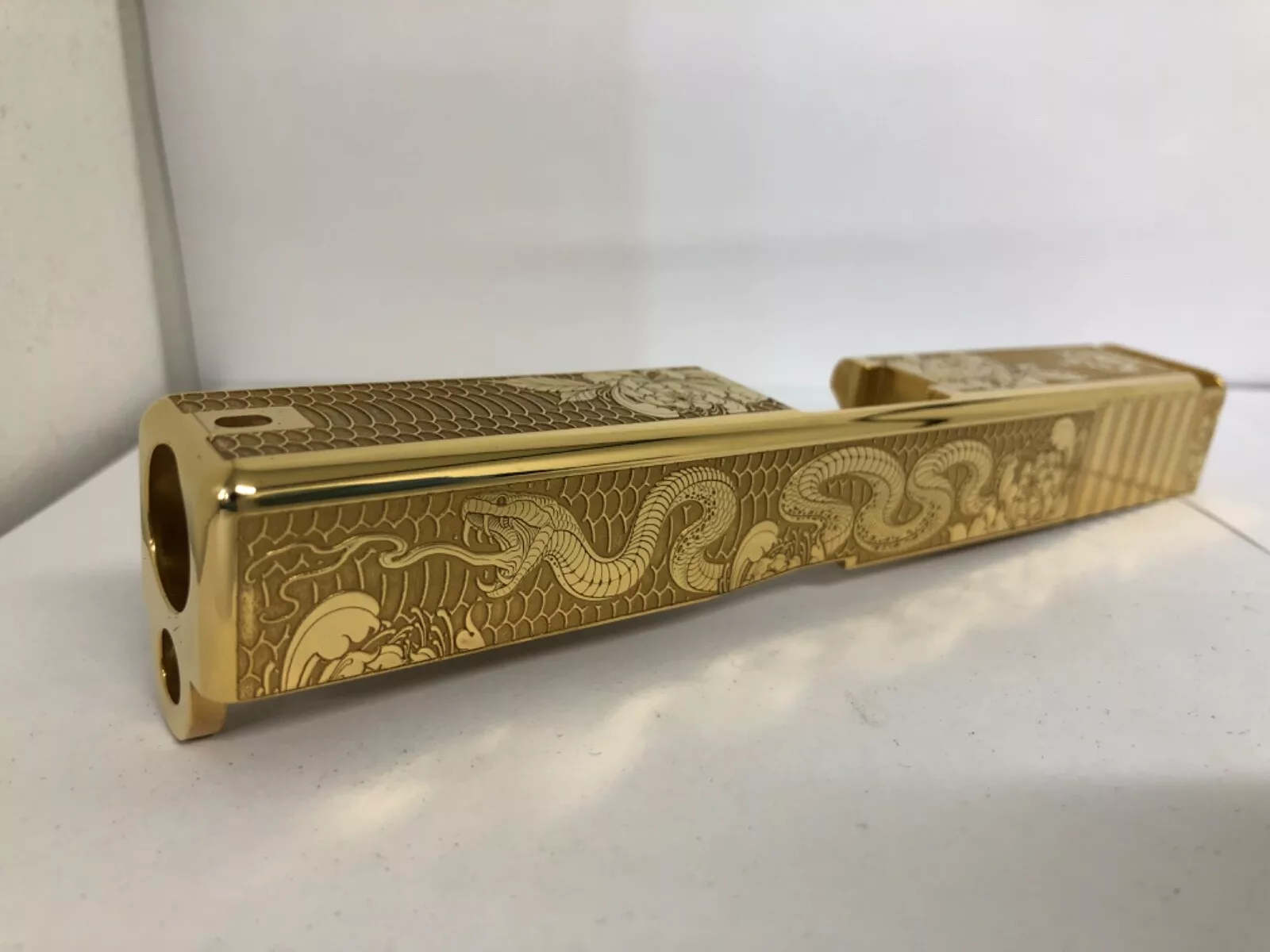 DEEP Laser engraved mirror polished 24k GOLD Glock19 Slide Gen3 Snake themed