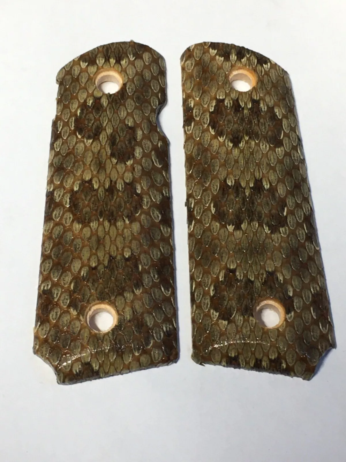 Compact ambi cut 1911 pistol grips wrapped in prairie rattlesnake snakeskin