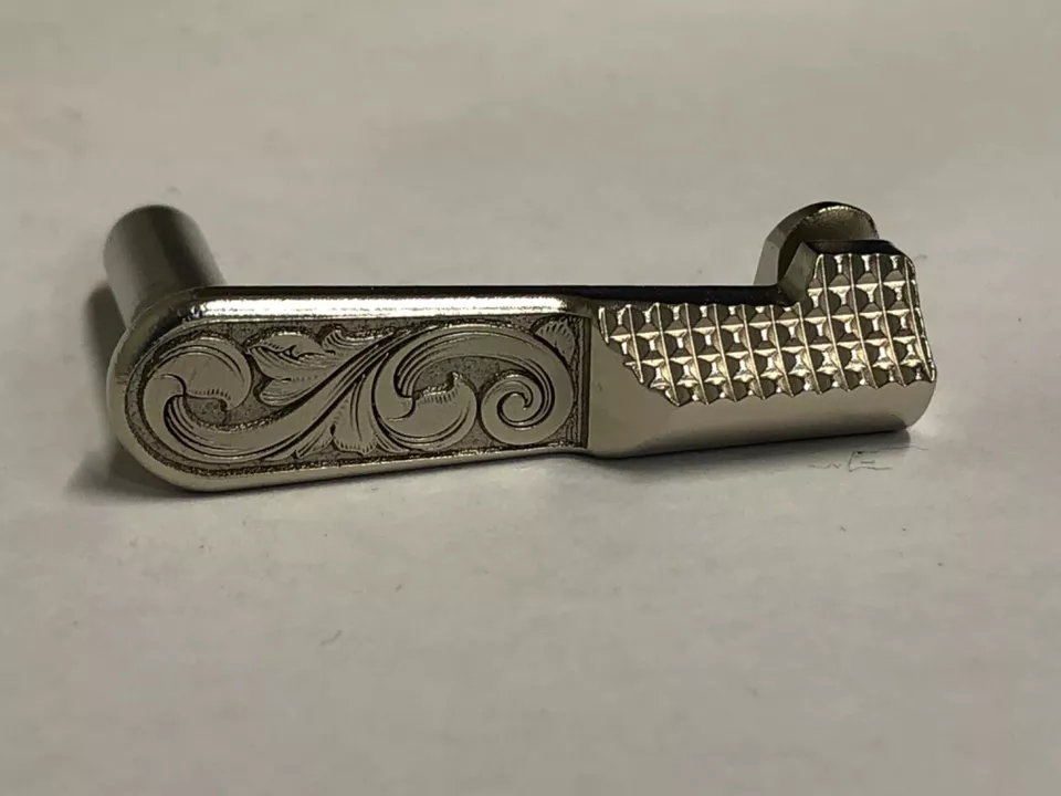 1911 Slide Stop 45 acp Deep Laser Engraved satin nickel plated