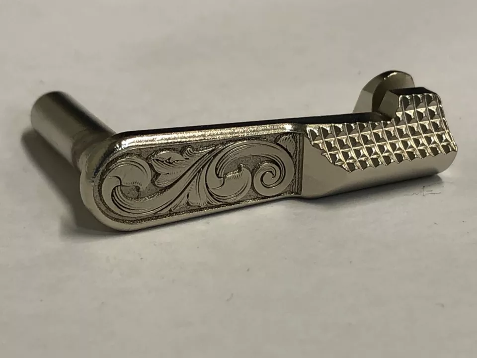 1911 Slide Stop 45 acp Deep Laser Engraved satin nickel plated