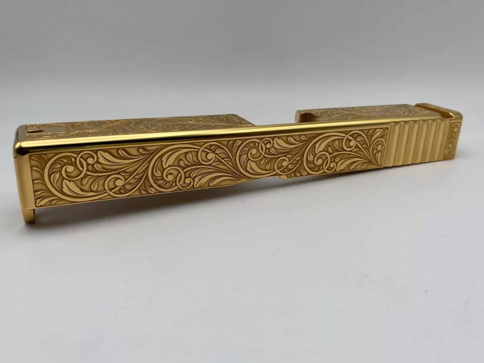Custom DEEP Laser engraved Glock 17 24k gold plated Slide Gen 3 g19 scrolls