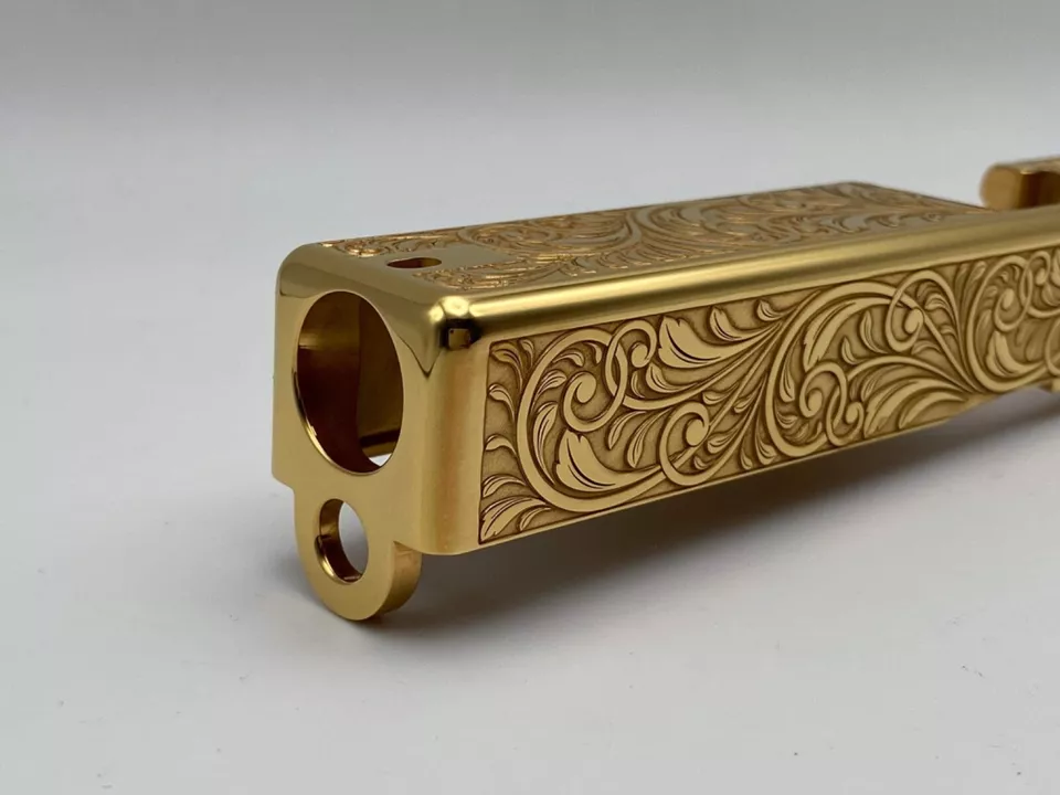 Custom DEEP Laser engraved Glock 17 24k gold plated Slide Gen 3 g19 scrolls