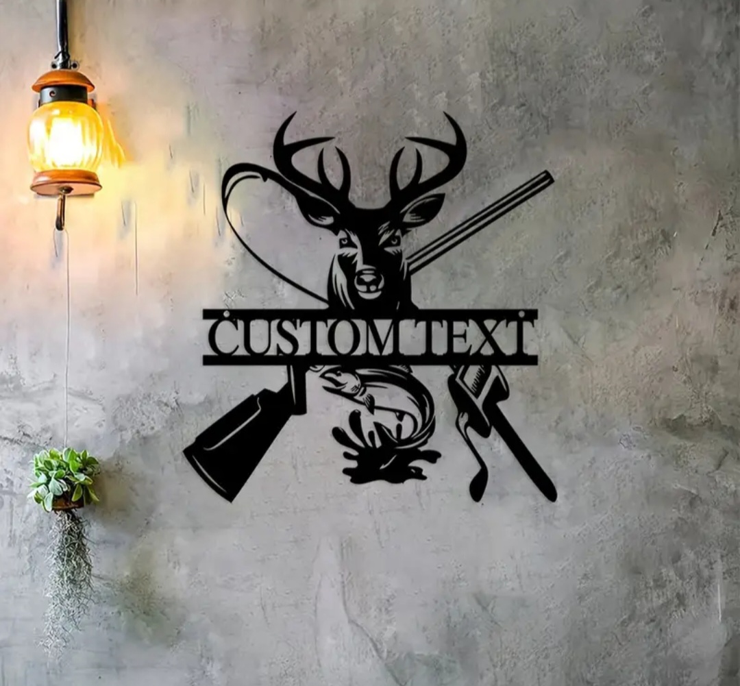 Customizable Metal Wall Art Hunting & Fishing Theme Decor / Décoration murale en métal personnalisable sur le thème de la chasse et de la pêche.