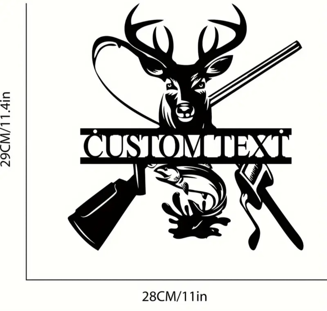 Customizable Metal Wall Art Hunting & Fishing Theme Decor / Décoration murale en métal personnalisable sur le thème de la chasse et de la pêche.