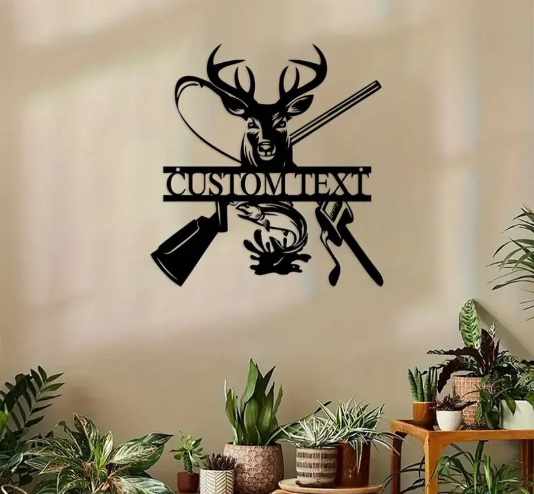Customizable Metal Wall Art Hunting & Fishing Theme Decor / Décoration murale en métal personnalisable sur le thème de la chasse et de la pêche.