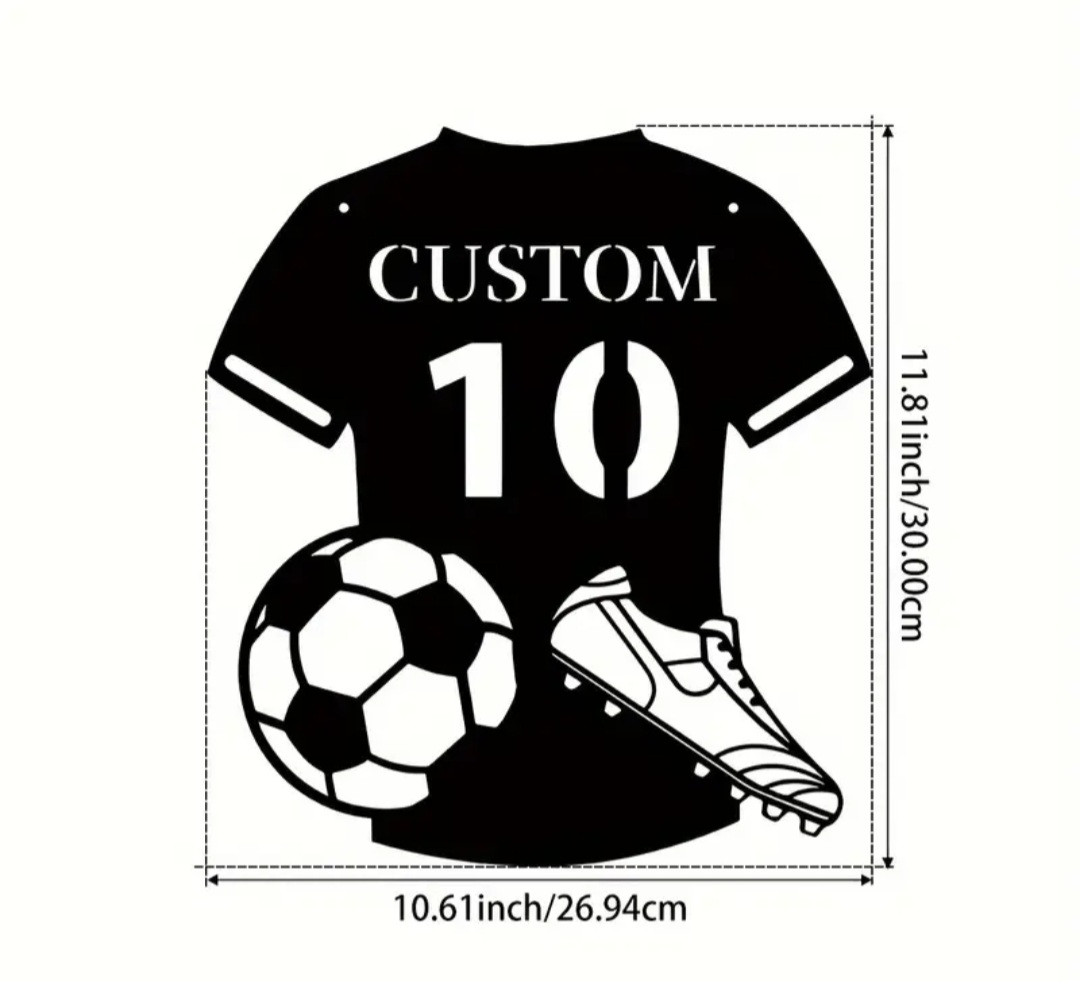 Customized metal Soccer Wall Art jersey. / Maillot d’art mural de football en métal personnalisé.