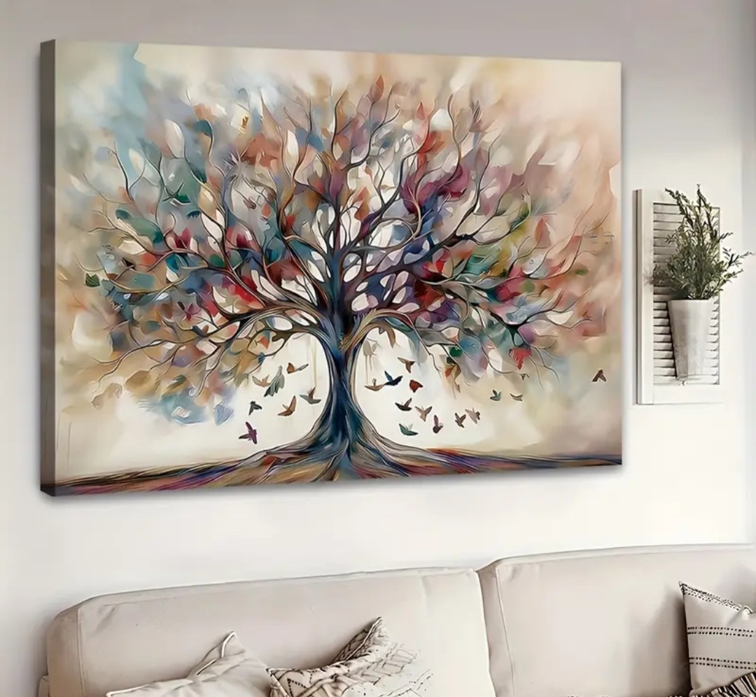 Colorful tree vinyl canvas print wall art decoration with frame / Décoration d'art mural d'impression de toile de vinyle d'arbre coloré avec cadre.
