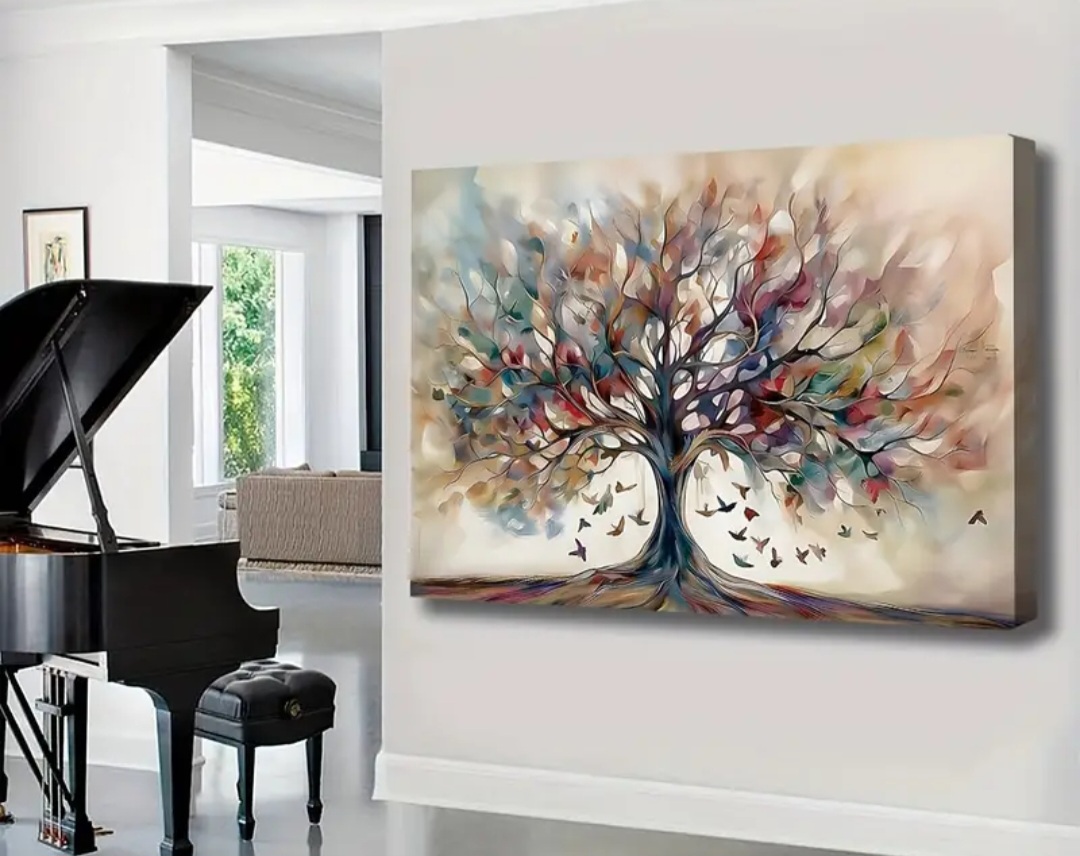 Colorful tree vinyl canvas print wall art decoration with frame / Décoration d'art mural d'impression de toile de vinyle d'arbre coloré avec cadre.