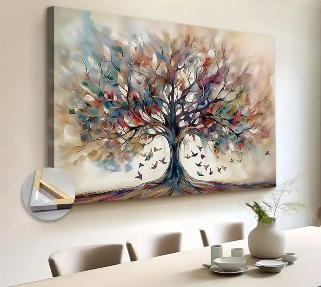 Colorful tree vinyl canvas print wall art decoration with frame / Décoration d'art mural d'impression de toile de vinyle d'arbre coloré avec cadre.