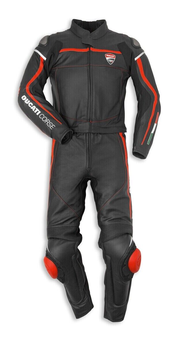 NEW DUCATI CORSE MENS 2 PIECE BLACK MOTORBIKE LEATHER SUIT