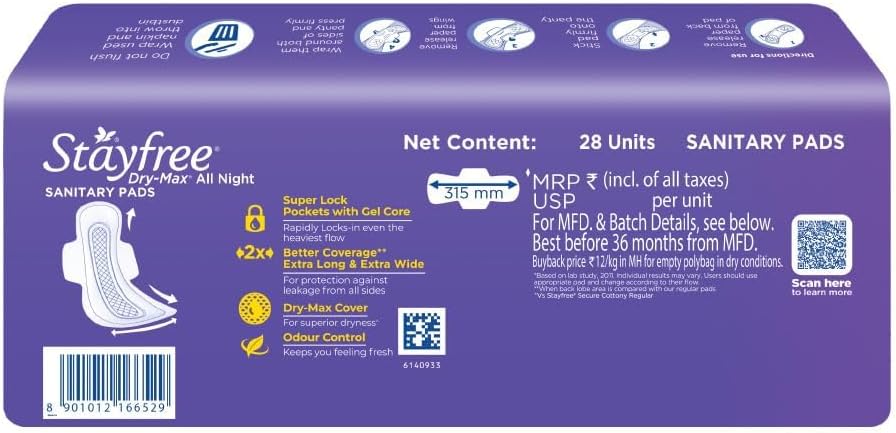 Stayfree Dry-Max All Night Sanitary Pads 28 Unit