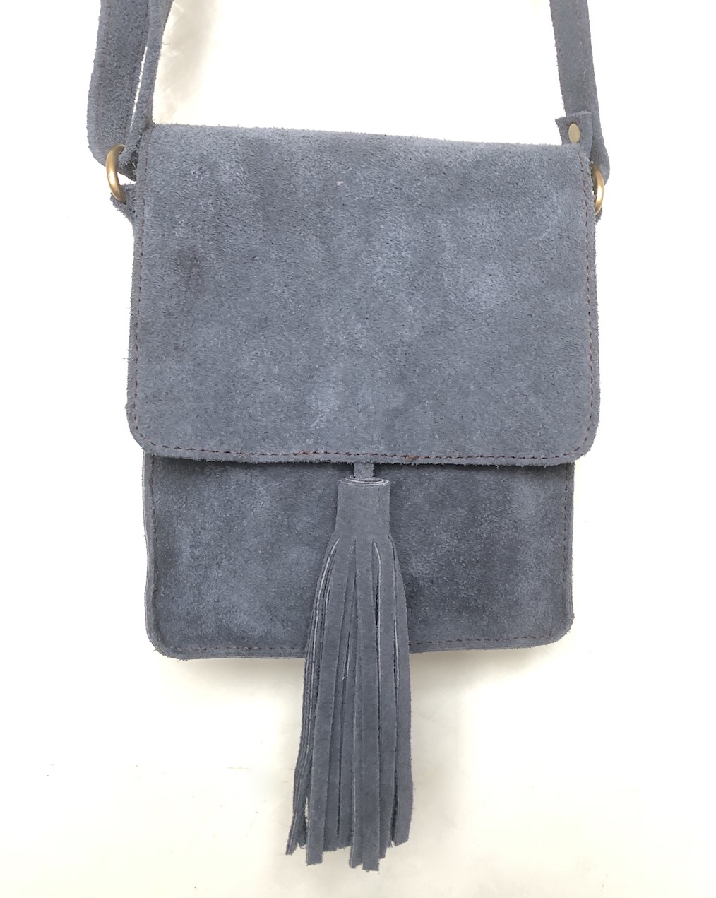 Sac bandoulière en cuir nubuck bleu gris