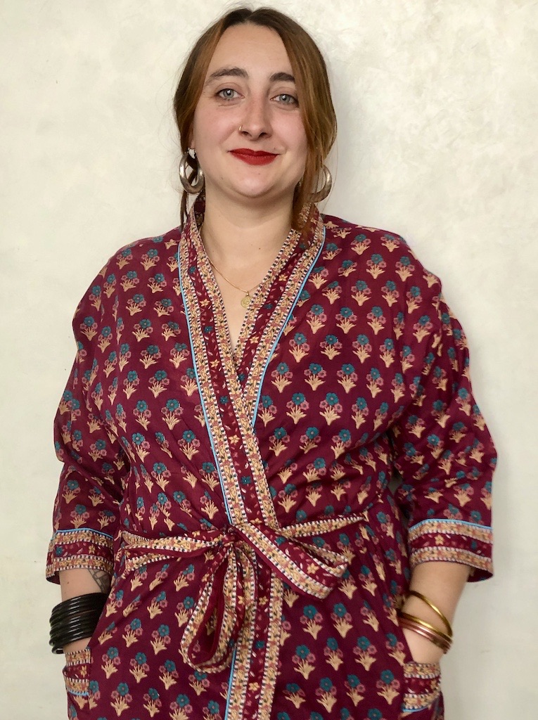 Kimono en coton imprimé Blockprint fleuri multicolore