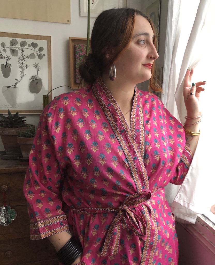 Kimono en coton imprimé Blockprint fleuri multicolore