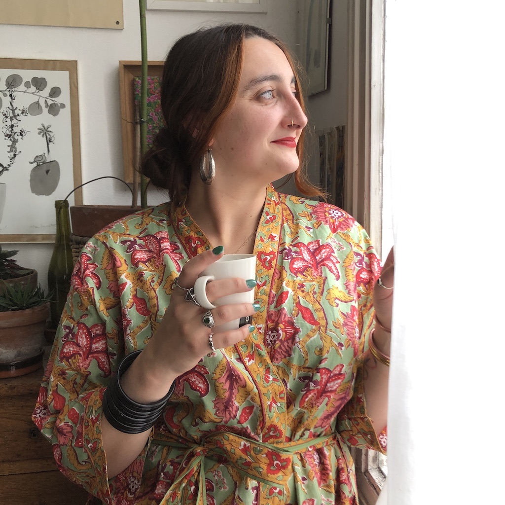 Kimono en coton imprimé Blockprint fleuri multicolore