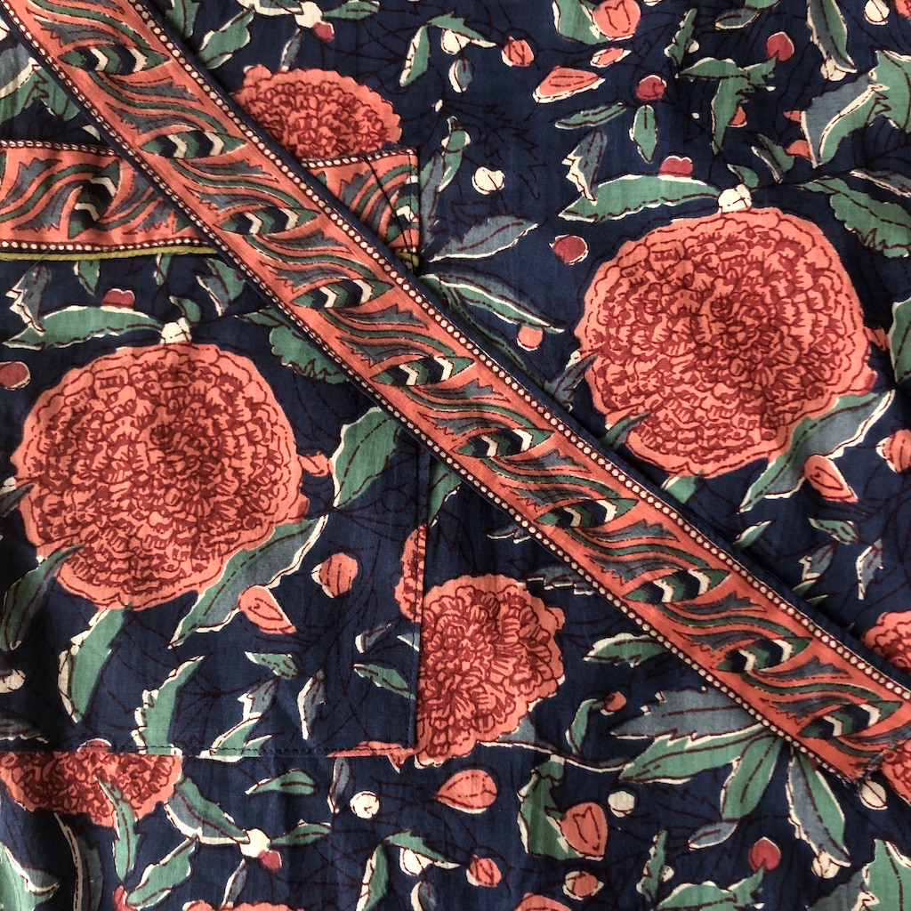 Kimono en coton imprimé Blockprint fleuri multicolore