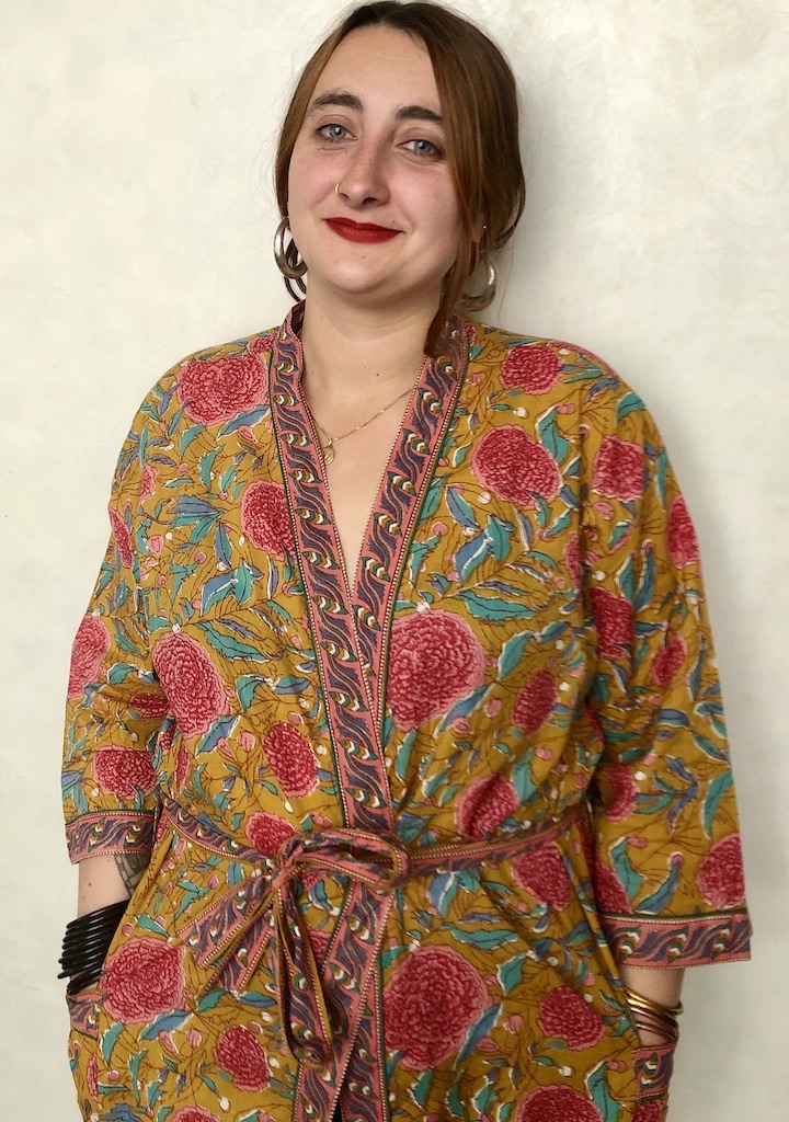 Kimono en coton imprimé Blockprint fleuri multicolore