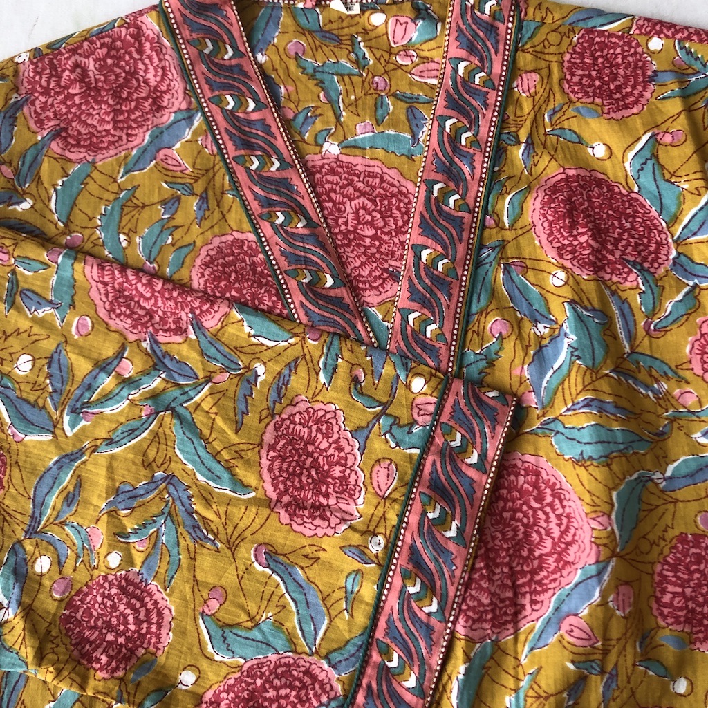 Kimono en coton imprimé Blockprint fleuri multicolore