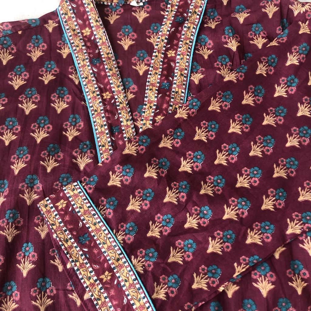 Kimono en coton imprimé Blockprint fleuri multicolore