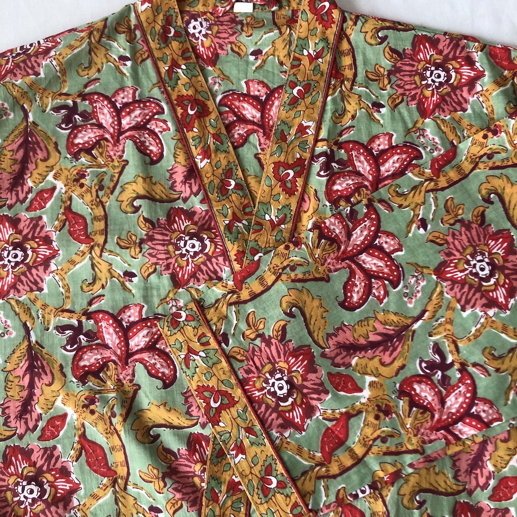 Kimono en coton imprimé Blockprint fleuri multicolore