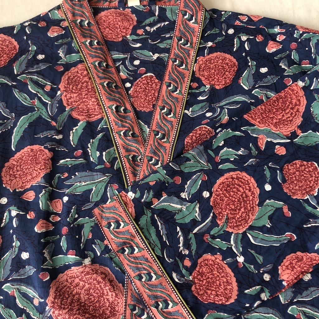 Kimono en coton imprimé Blockprint fleuri multicolore