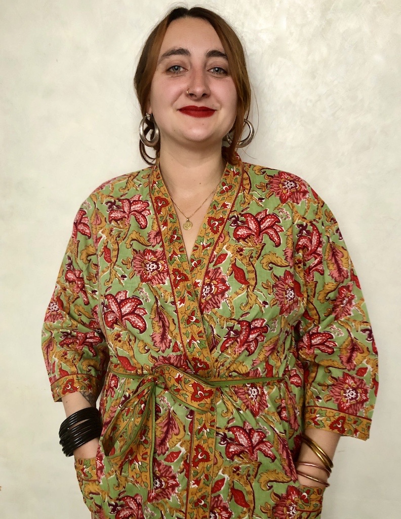 Kimono en coton imprimé Blockprint fleuri multicolore