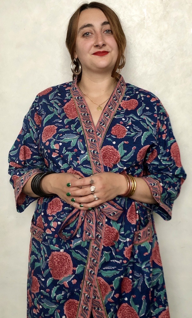 Kimono en coton imprimé Blockprint fleuri multicolore