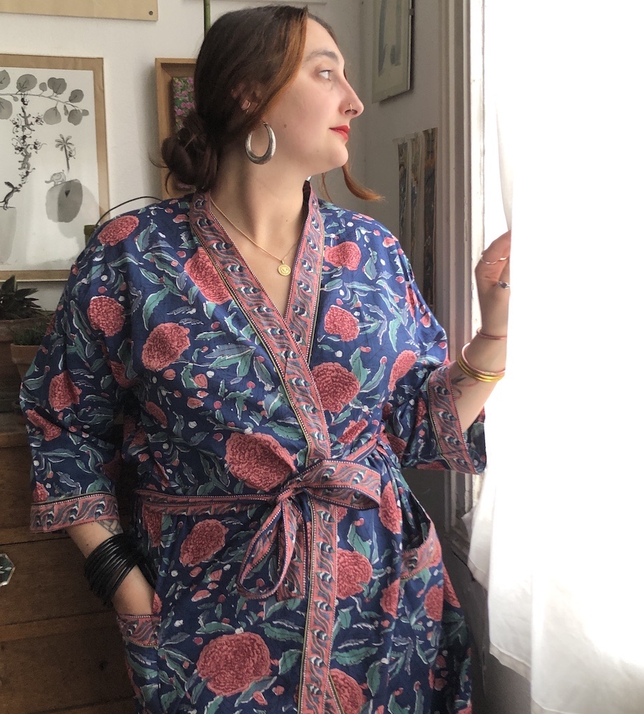 Kimono en coton imprimé Blockprint fleuri multicolore