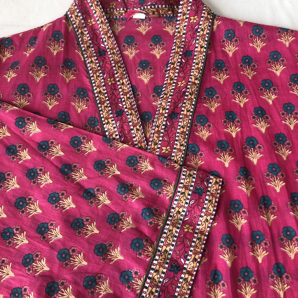 Kimono en coton imprimé Blockprint fleuri multicolore
