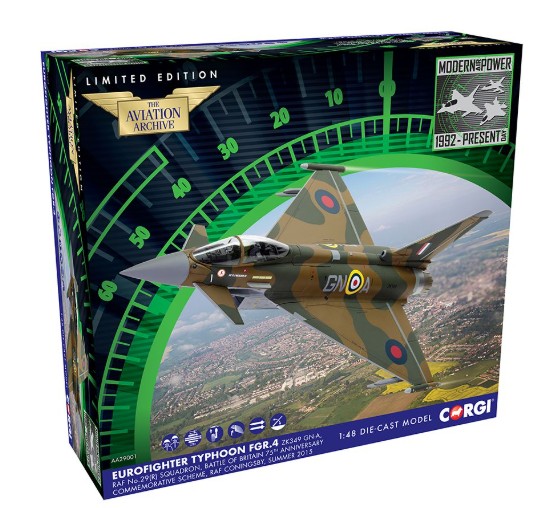 Corgi AA29001 Eurofighter Typhoon FGR.4, ZK349 GN-A, Flt. Lt. Ben Westoby-Brooks, RAF No.29(R) Squadron, Battle of Britain 75th Anniversary commemorative scheme, Typhoon Display Team