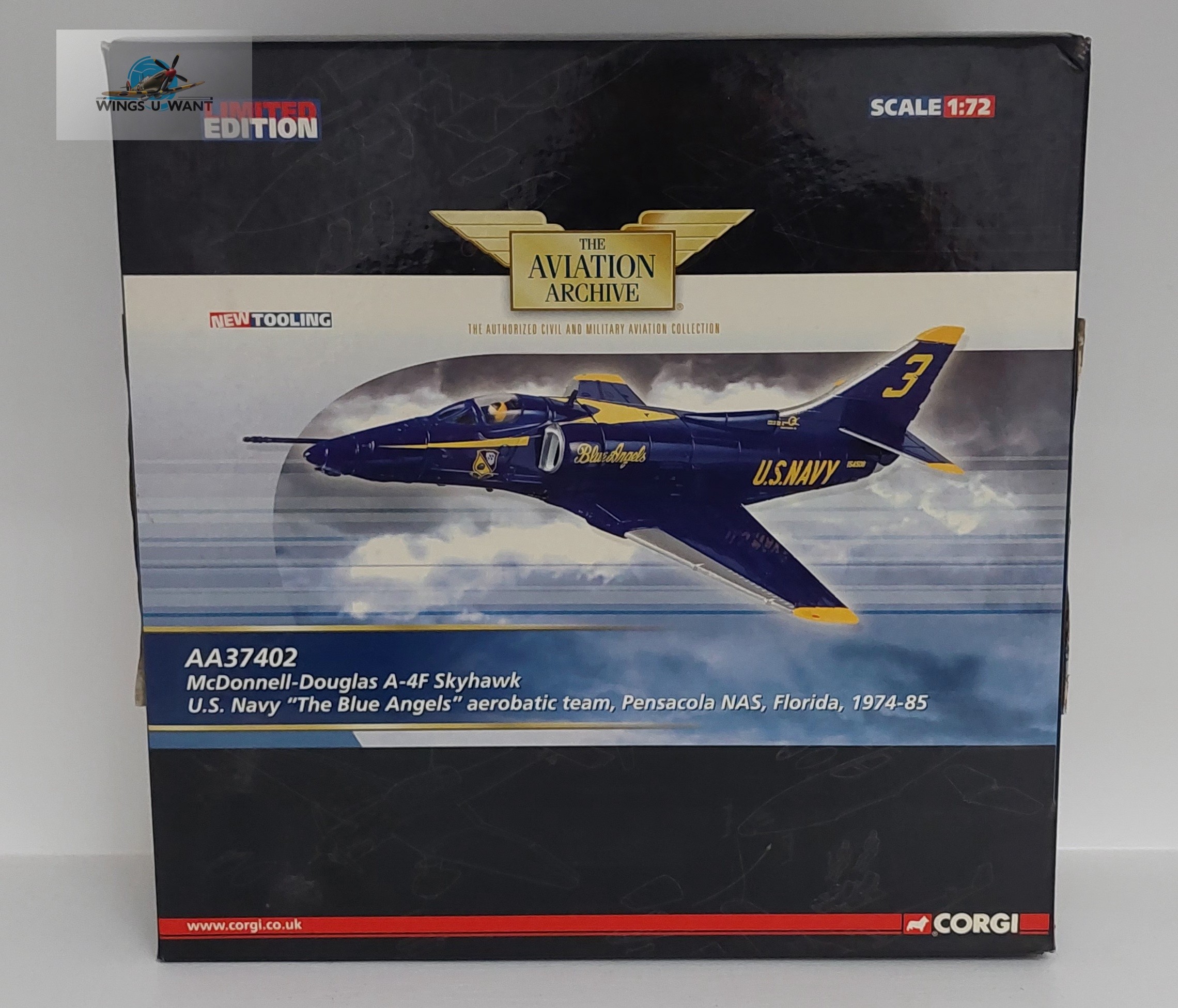Corgi AA37402 McDonnell-Douglas A-4F Skyhawk U.S. Navy "The Blue Angels" aerobatics team, Pensacola NAS, Florida, 1974 - 85
