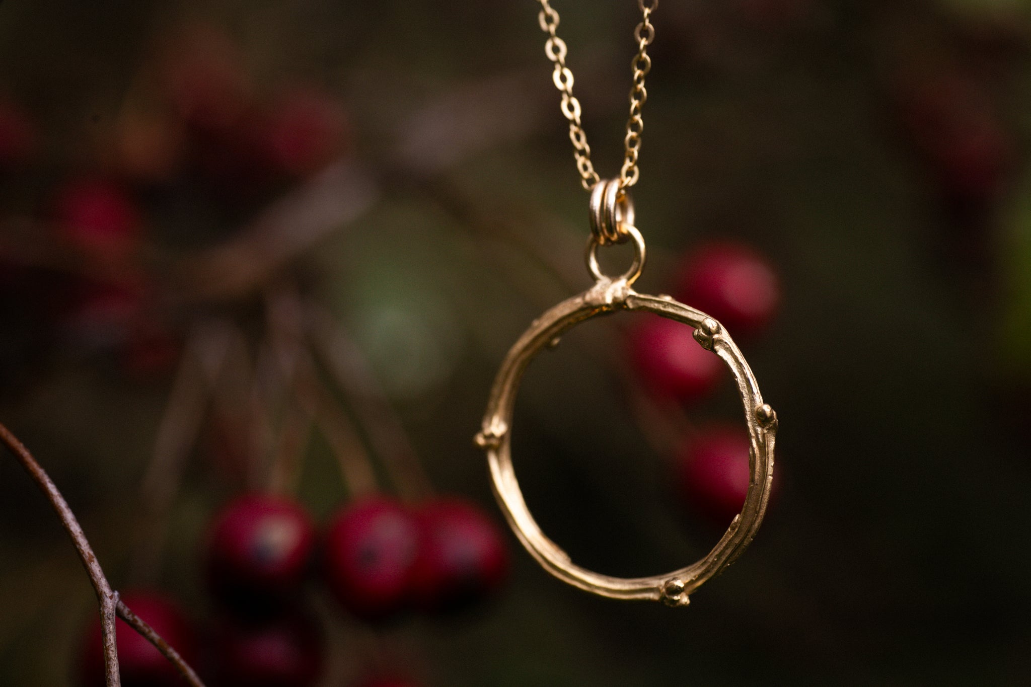 Ruby Robin - Gold Hawthorne infinity pendant