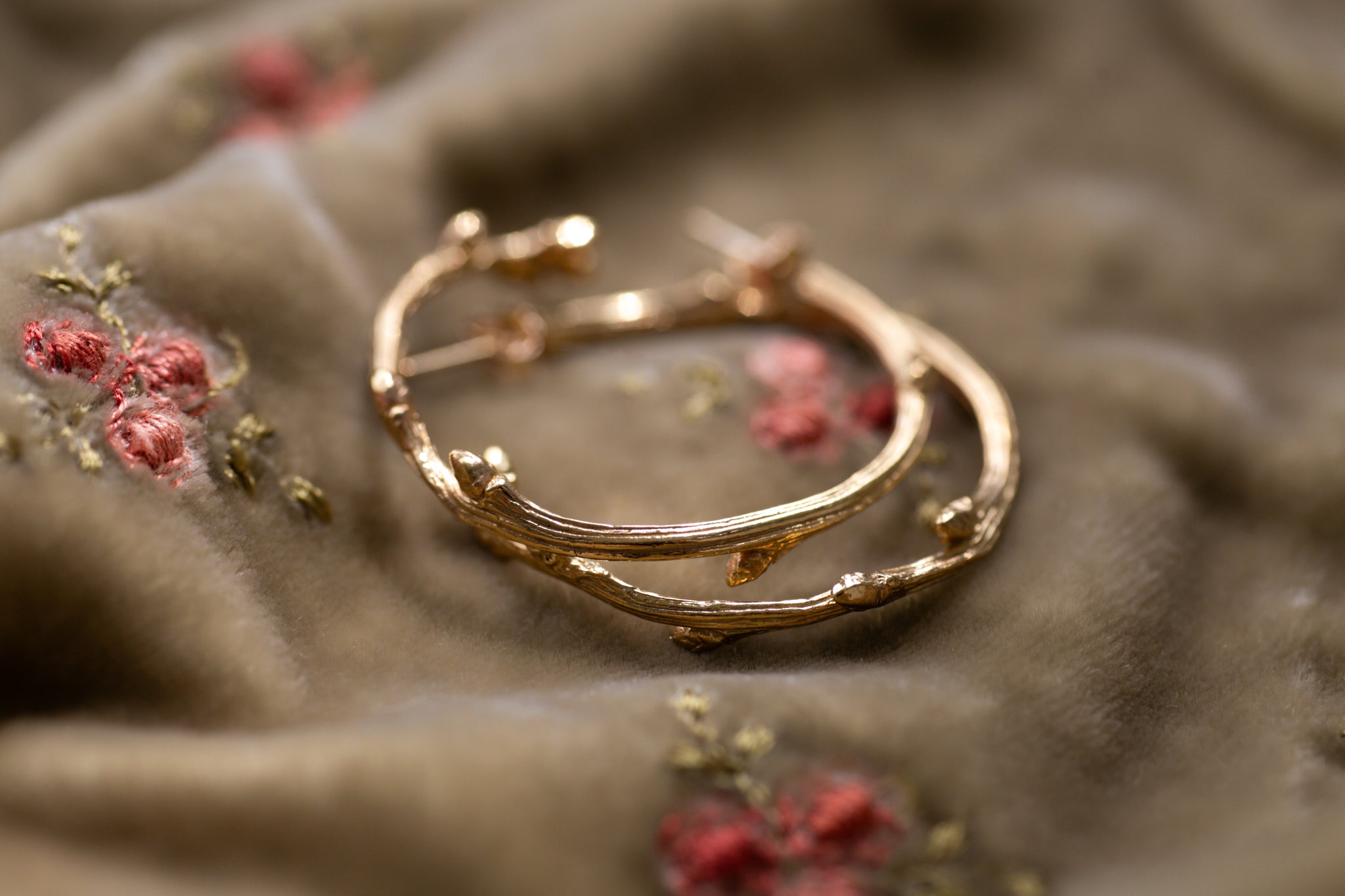 Ruby Robin - Gold Vermeil Oak twig hoops
