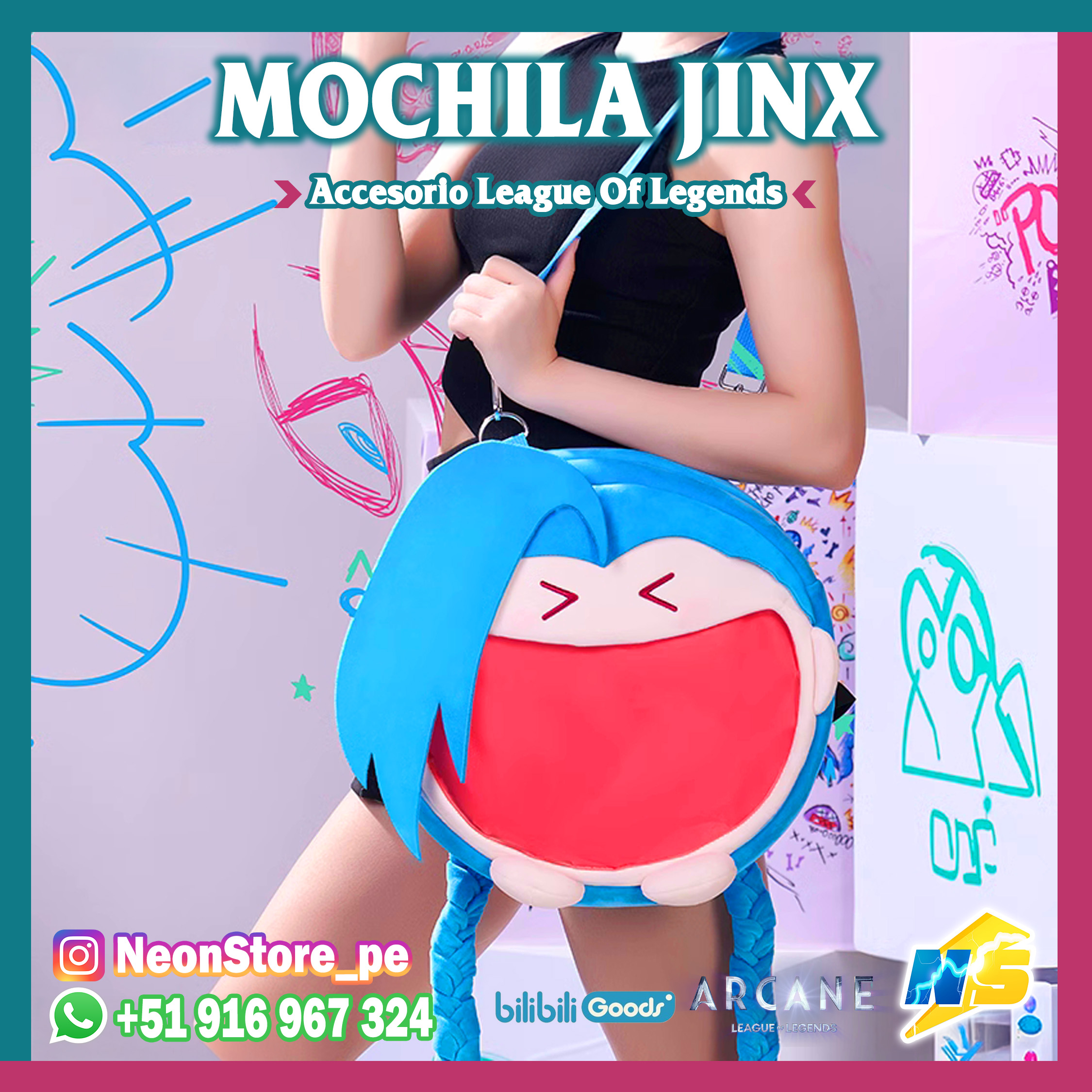 ⚡ Mochila Jinx ARCANE 𝗟𝗘𝗔𝗚𝗨𝗘 𝗢𝗙 𝗟𝗘𝗚𝗘𝗡𝗗𝗦 ⚡