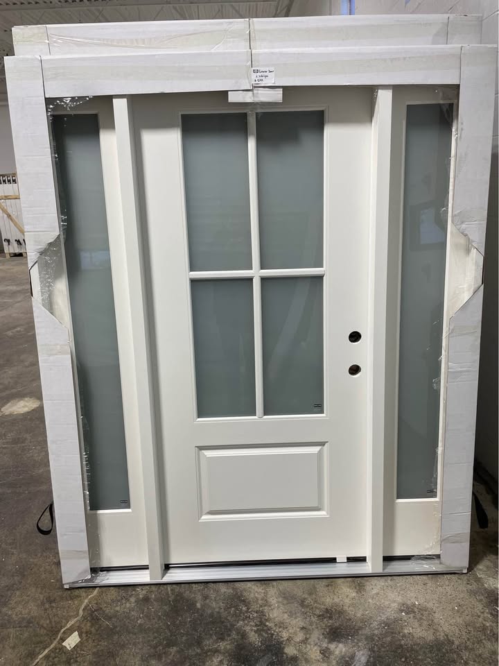 65”x80” Exterior Fiberglass Door Painted White 2 Sidelights 4 Lights
