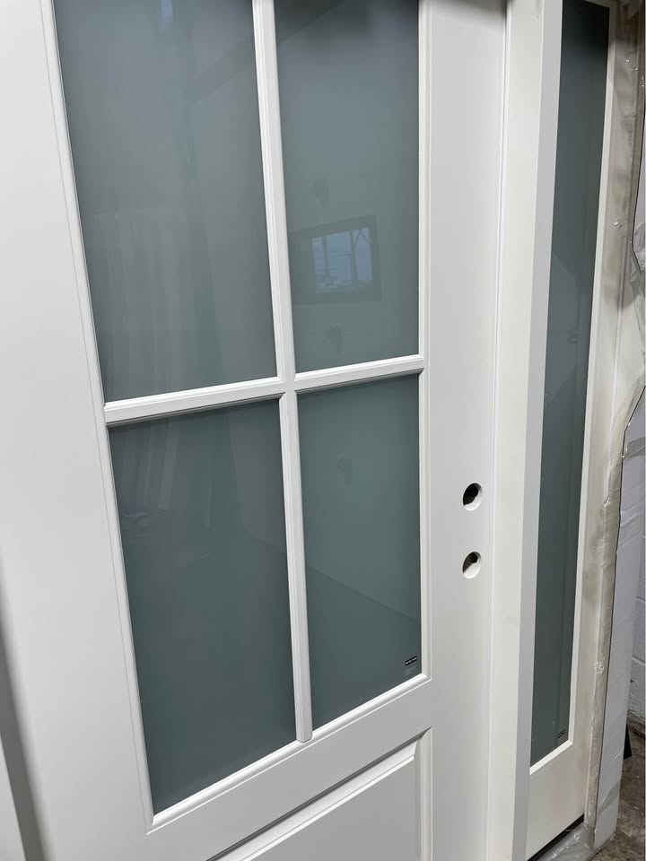 65”x80” Exterior Fiberglass Door Painted White 2 Sidelights 4 Lights