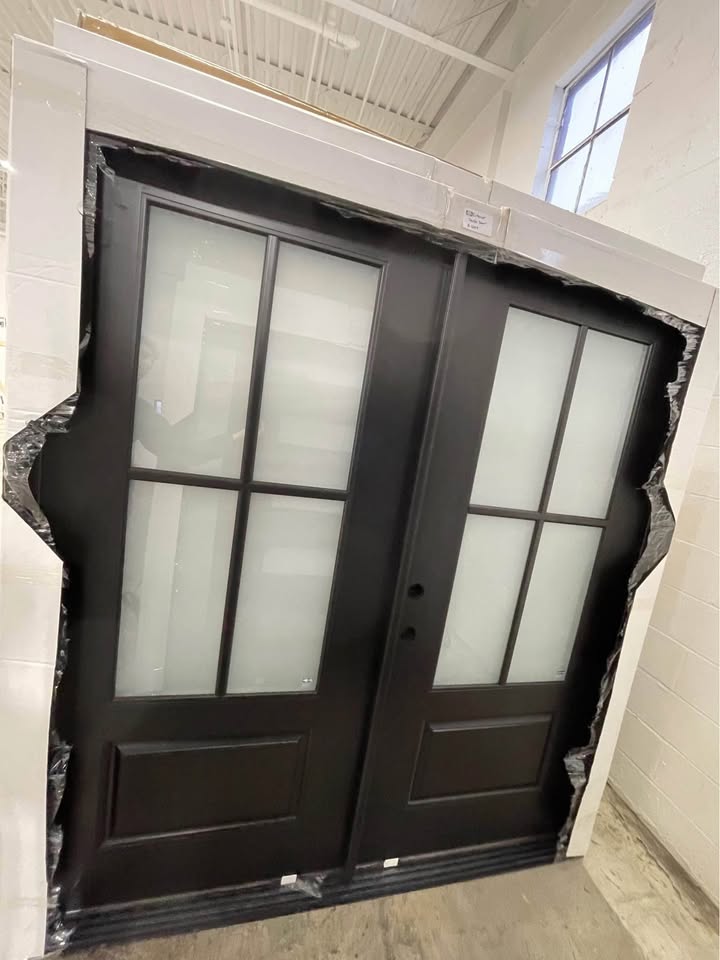 72”x80” Exterior Fiberglass Double Door Painted Black 4 Lights 