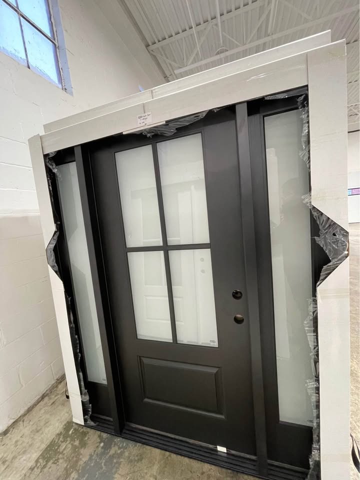 65”x80” Exterior Fiberglass Door Painted Black 2 Sidelights 4 Lights