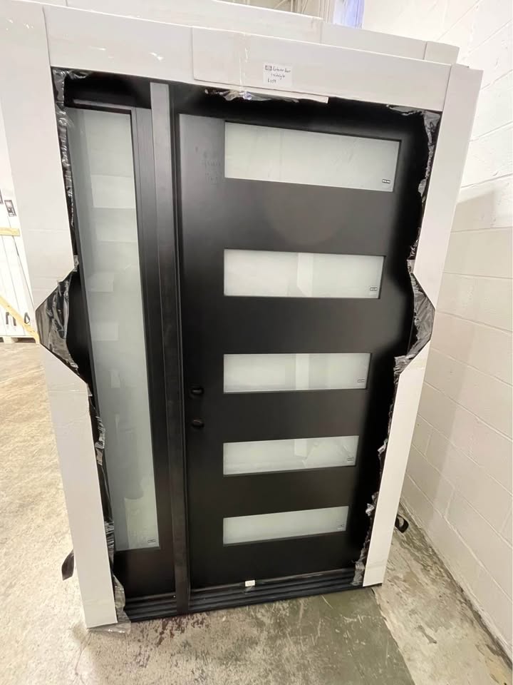50''x80” Exterior Fiberglass Door Painted Black 1 Sidelights 5 Lights 