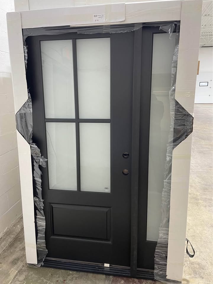 50''x80” Exterior Fiberglass Door Painted Black 1 Sidelights 4 Lights 