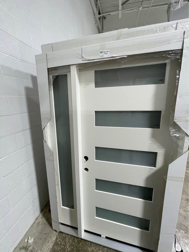 50''x80” Exterior Fiberglass Door Painted White 1 Sidelights 5 Lights 
