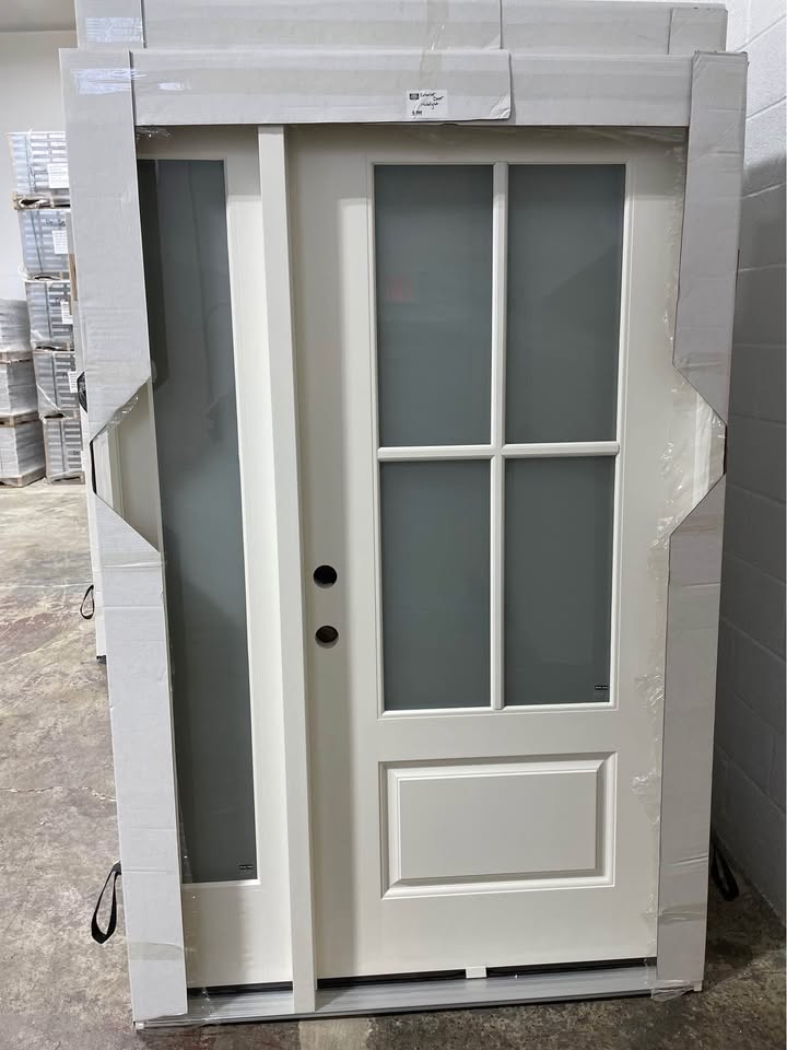 50''x80” Exterior Fiberglass Door Painted White 1 Sidelights 4 Lights 